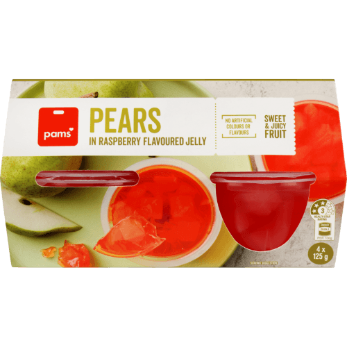Pams Pears In Raspberry Jelly Fruit Cups 4 × 125 g
