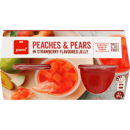 Pams Peaches & Pears In Strawberry Jelly Cups
