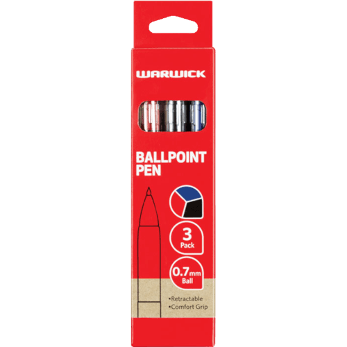 Warwick Ballpoint Retractable Red Black Blue Pens 3 pack