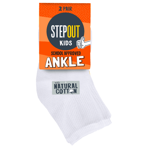 Stepout Socks White Ankle 8-10 Yrs 2 pack