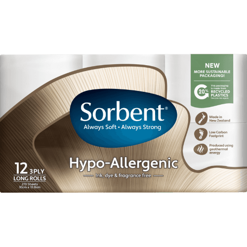 Sorbent Hypo-Allergenic 3 Ply Long Toilet Rolls 12 × 270 sheets