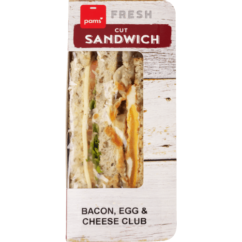 Pams Fresh Bacon Egg & Cheese Club Cut Sandwich