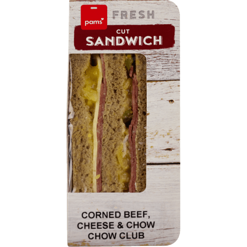 Pams Fresh Corned Beef Cheese & Chow Chow Club Cut Sandwich