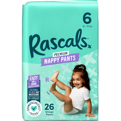 Rascals Premium Nappy Pants Unisex Size 6 15-20 kg Junior 26 pack
