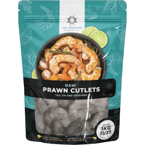 Sea Treasure Seafoods Raw Prawn Cutlets 21/25 Tail On & Deveined