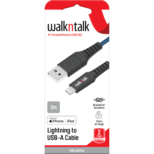 Walkn Talk Charge & Sync Lightning to USB-A 3m Blue Cable