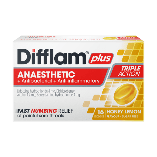 Difflam Plus Honey Lemon Flavour Sugar Free Sore Throat Lozenges