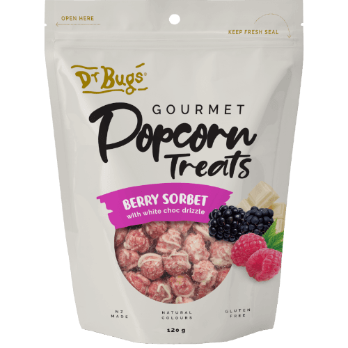 Dr Bugs Berry Sorbet With White Choc Drizzle Gourmet Popcorn Treats