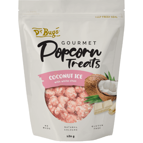 Dr Bugs Coconut Ice With White Choc Gourmet Popcorn Treats