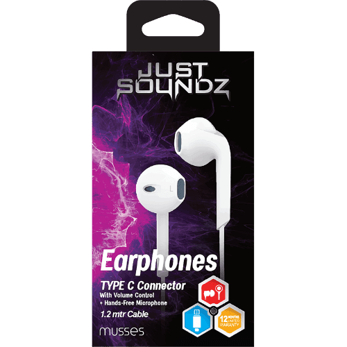 Justsoundz White Musses Type C Connector Volume Control Earphones