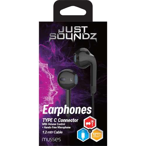 Justsoundz Black Musses Type C Connector Volume Control Earphones