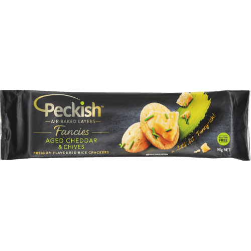 Peckish Fancies Aged Cheddar & Chives Premium Flavoured Rice Crackers