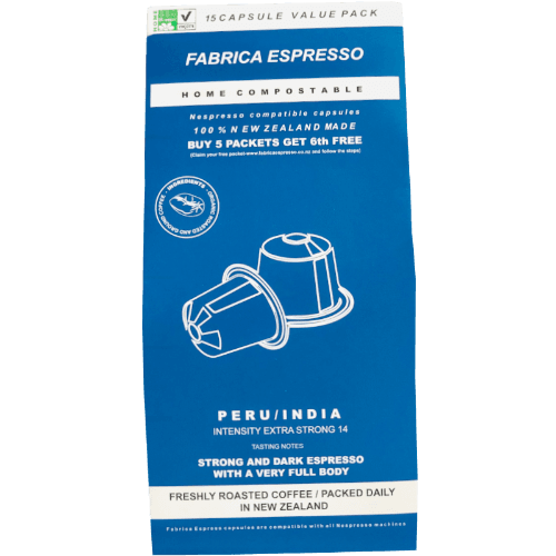 Fabrica Espresso Peru India Coffee Intensity Extra Strong 14 Home Compostable Capsules 15 pack
