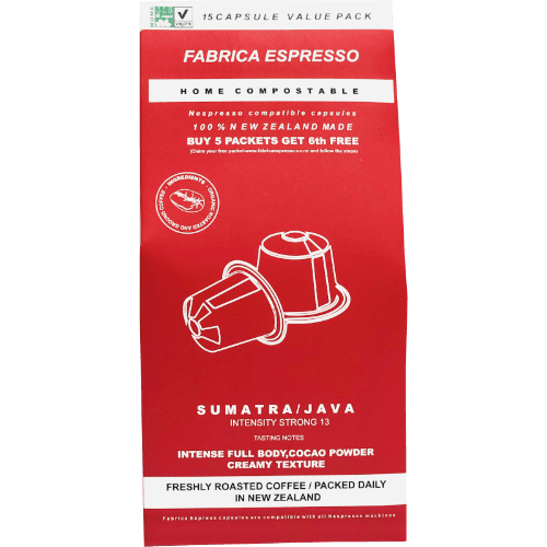 Fabrica Espresso Sumatra / Java Intensity Strong 13 Coffee Home Compostable Capsules 15 pack