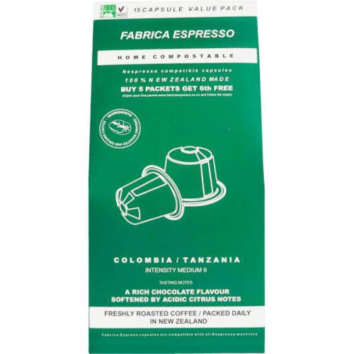 Fabrica Espresso Colombia / Tanzania Intensity Medium 9 Coffee Home Compostable Capsules 15 pack