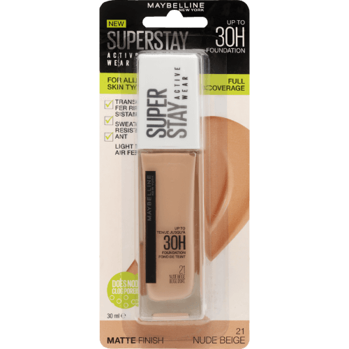 Maybelline Superstay 30hr Active Wear Liquid Foundation 21 Nude Beige 30 mL