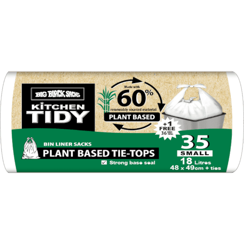 Big Black Sacks Kitchen Tidy Plant Based Tie-Tops Bin Liner Sacks Small 48 x 49cm 18 Litres