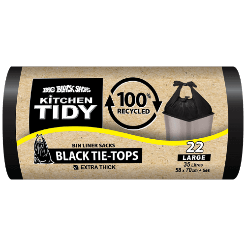Big Black Sacks Kitchen Tidy Black Tie-Tops 100% Recycled Bin Liner Sacks Large 58 x 70cm