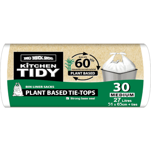 Big Black Sacks Kitchen Tidy Plant Based Tie-Tops Bin Liner Sacks Medium 51 x 65cm 27 Litres