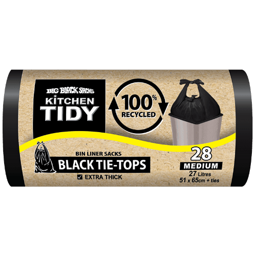 Big Black Sacks Kitchen Tidy Black Tie-Tops 100% Recycled Bin Liner Sacks Medium 51 x 65cm
