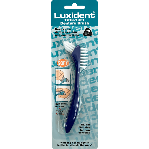 Luxident Twin-Tuft Soft Denture Brush Assorted Colours (White, Blue or Yellow)