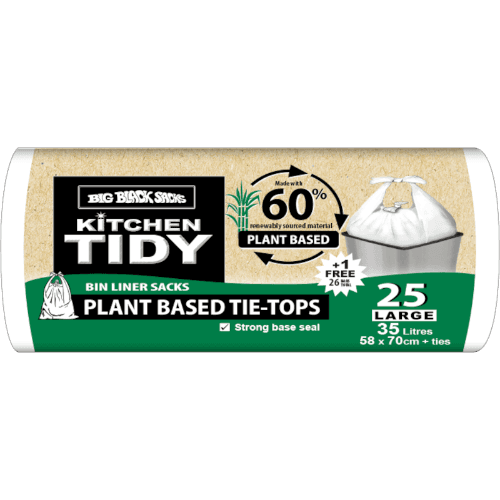 Big Black Sacks Kitchen Tidy Plant Based Tie-Tops Bin Liner Sacks Large 58 x 70cm 35 Litres