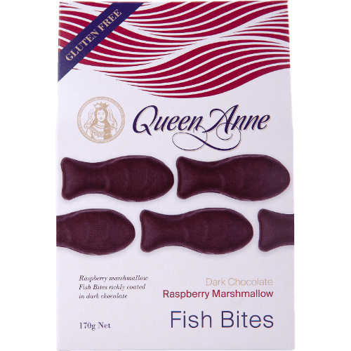 Queen Anne Raspberry Marshmallow Dark Chocolate Fish Bites