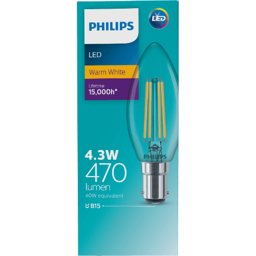 Philips LED Warm White Clear 4.3W 470 Lumen Bayonet Candle Bulb