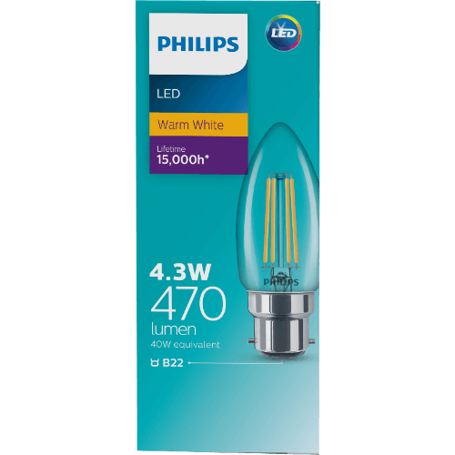 Philips LED Warm White Clear 4.3W 470 Lumen Bayonet Candle Bulb