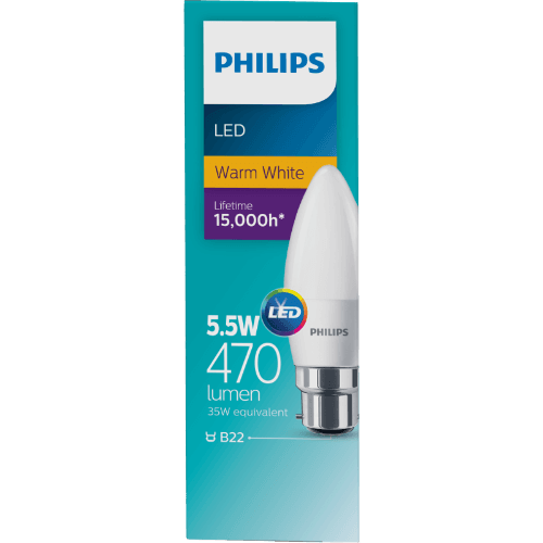 Philips LED Warm White Frosted 5.5W 470 Lumen Bayonet Candle Bulb