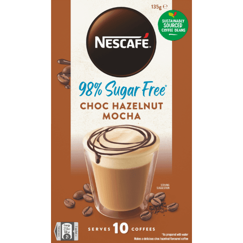 Nescafe 98% Sugar Free Choc Hazelnut Coffee Sachets 10 × 14 g