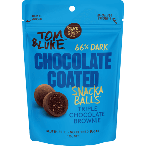 Tom & Luke Triple Chocolate Brownie Choc 66% Dark Chocolate Coated Snackaballs