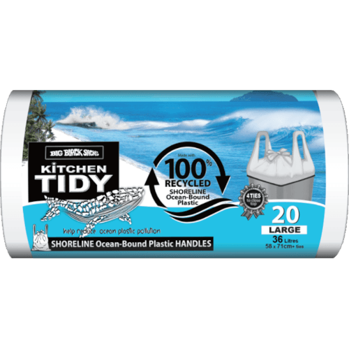 Big Black Sacks Kitchen Tidy Liner 100% Recycled Ocean Bound Plastic Tie Top Large  58 x 71cm 36 Litre