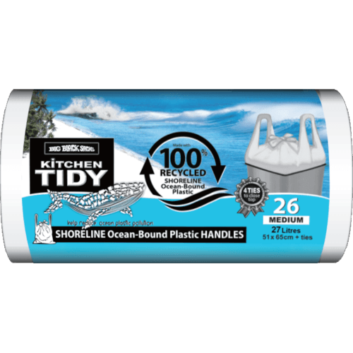 Big Black Sacks Kitchen Tidy Liner 100% Recycled Ocean Bound Plastic Tie Top Medium 51x 65cm 27 Litre