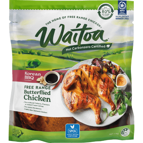 Waitoa Korean BBQ Flavoured Free Range Butterflied Chicken 1.1 kg