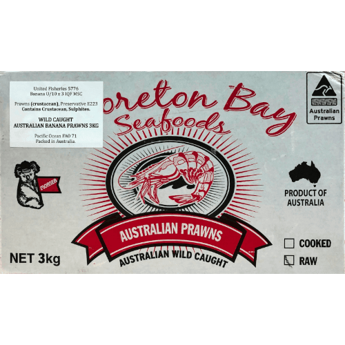 Moreton Bay Seafoods Raw Whole Australian Banana Prawns U10 3 kg