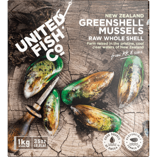 United Fish Co New Zealand Greenshell Mussels Raw Whole Shell.