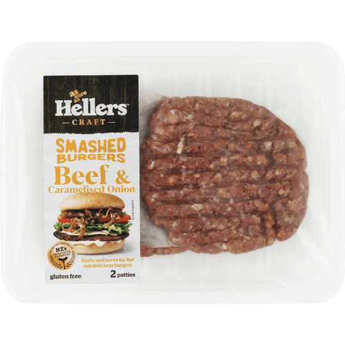 Hellers Craft Beef & Caramelised Onion Smashed Burgers 2 pack