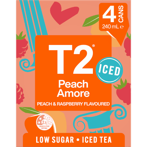 T2 Peach Amore Peach & Raspberry Flavoured Low Sugar Iced Tea 4 × 240 mL