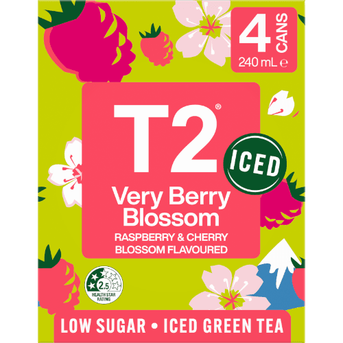 T2 Very Berry Blossom Raspberry & Cherry Blossom Flavoured Low Sugar Iced Green Tea 4 × 240 mL