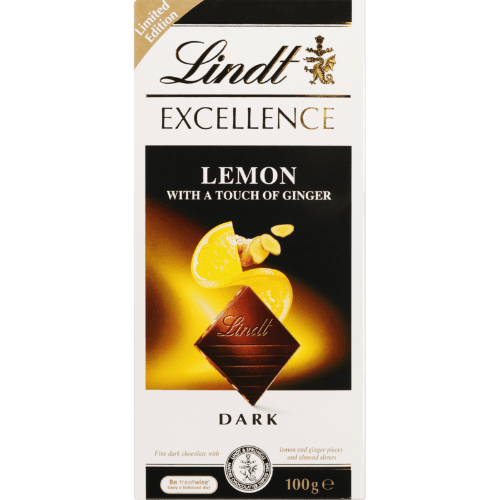 Lindt Excellence Lemon With Touch Of Ginger Dark Chocolate Block