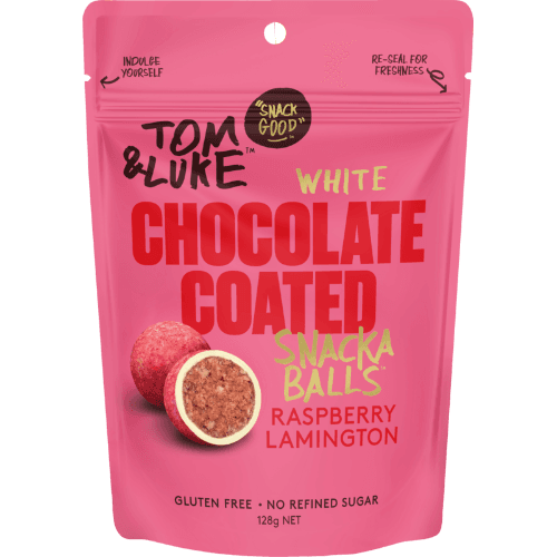 Tom & Luke White Chocolate Coated Raspberry Lamington Snackaballs