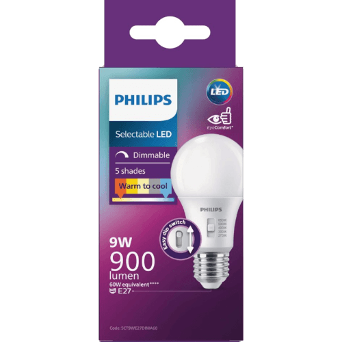 Philips Selectable LED Dimmable 5 Shades 9W 900 Lumen Screw Bulb