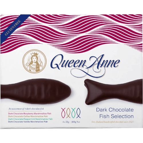 Queen Anne Raspberry, Coffee, Peppermint & Vanilla Dark Chocolate Fish Selection