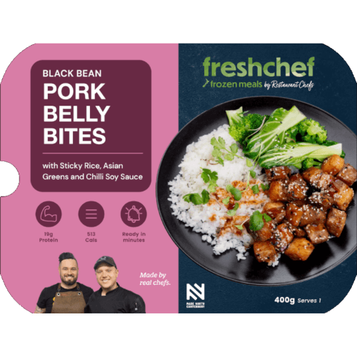 Fresh Chef Black Bean Pork Belly Bites With Sticky Rice, Asain Greens Ready Meal 400 g