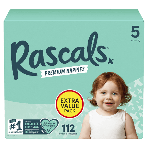 Rascals Premium Nappies Unisex Size 5 13-18 kg Walker 112 pack