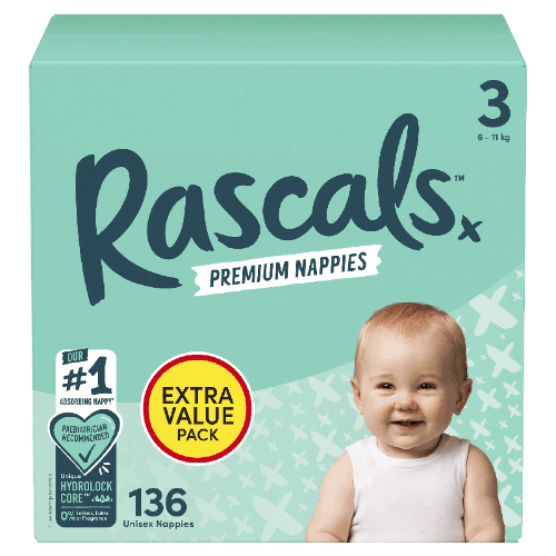 Rascals Premium Nappies Unisex Size 3 6-11 kg Crawler 136 pack