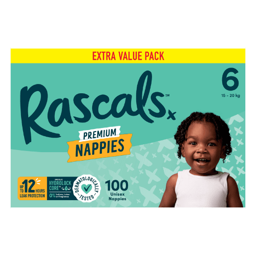 Rascals Premium Nappies Unisex Size 6 15-20 kg Junior 100 pack