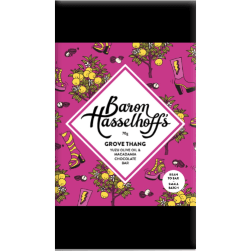 Baron Hasselhoff's Marj's Yule Trifle Yuzu Olive Oil & Macadamia Craft Chocolate Bar