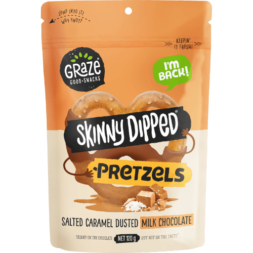 Graze Skinny Dipped Salted Caramel Dusted Milk Choc Pretzels